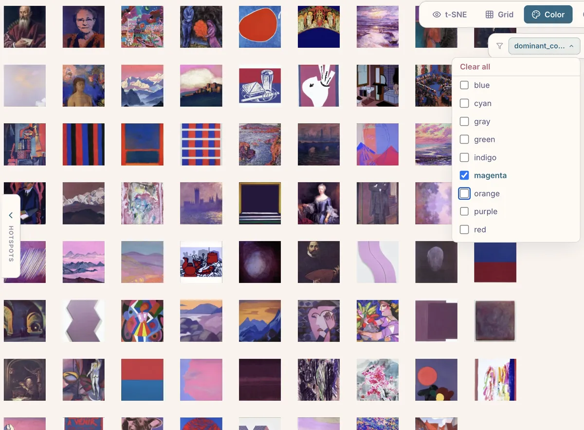 Color view filtering by dominant hue — here showing paintings classified as magenta