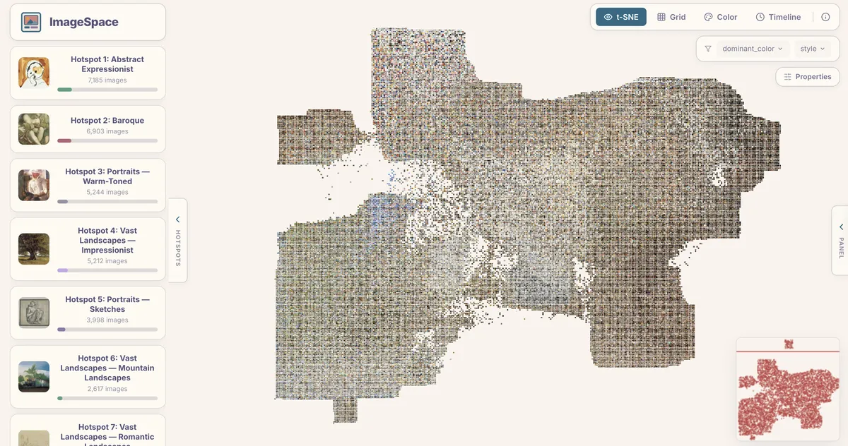 The main ImageSpace viewer showing the t-SNE scatter plot of nearly 50,000 WikiArt paintings
